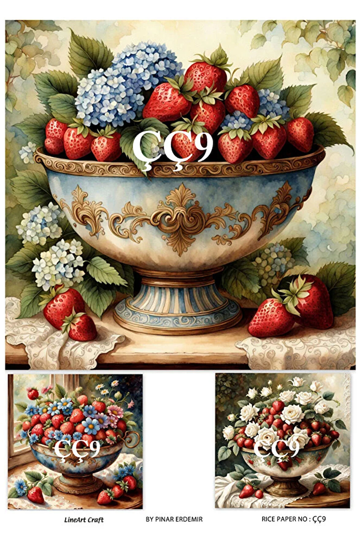 ÇÇ9 Çilek ve Çiçek Desen li 30*42 cm Pirinç dekopaj