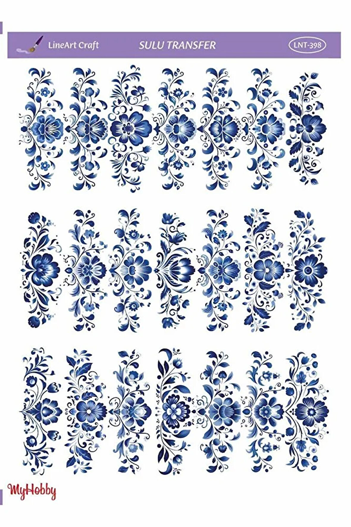 LNT398 Mavi Tonları Çoklu Çiçek Desenli Açık Zemin Sulu Transfer 25*35 cm