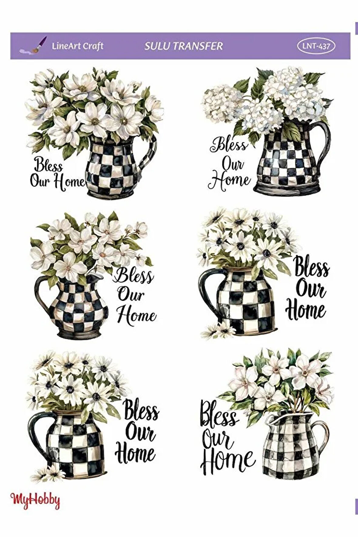 LNT437 Ekose, Sürahi, Çiçek Desenli Açık Zemin Sulu Transfer 25*35 cm