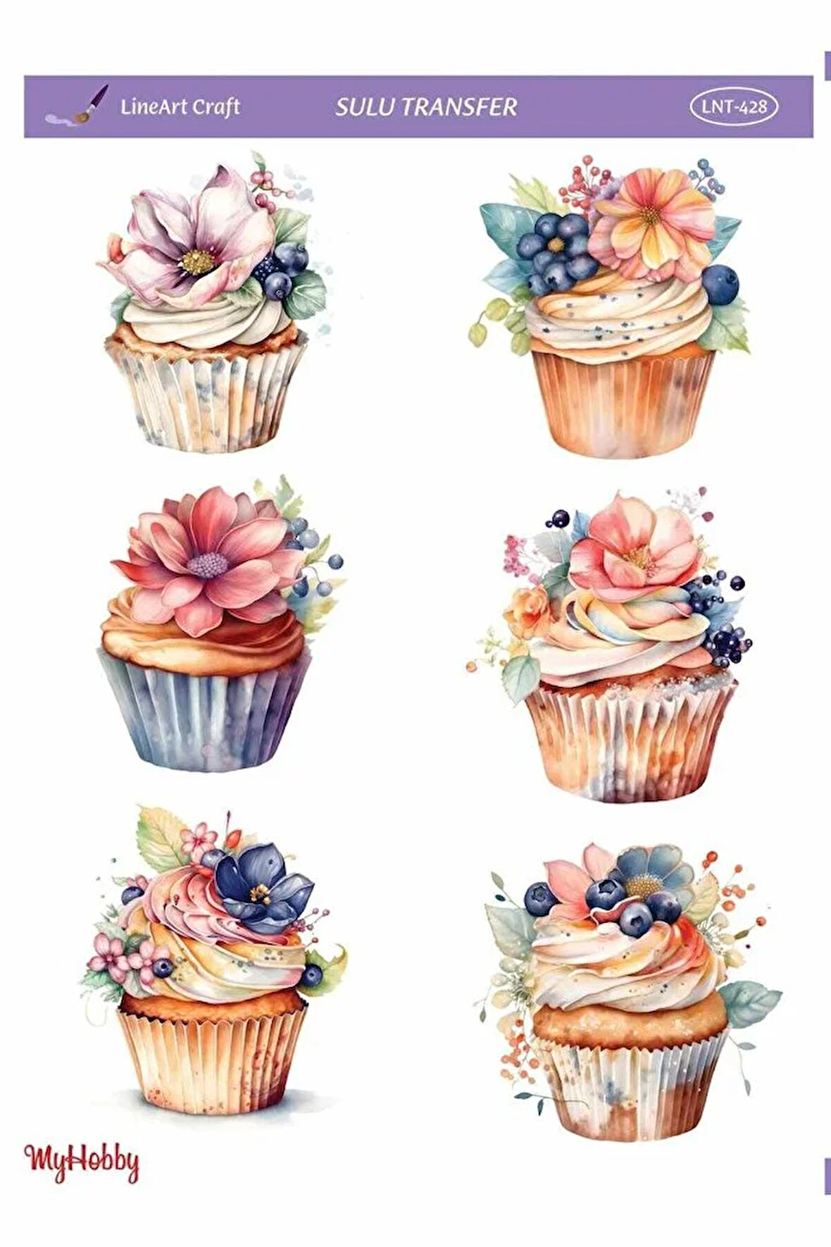 LNT428 Renkli Cupcake Desenli Açık Zemin Sulu Transfer 25*35 cm