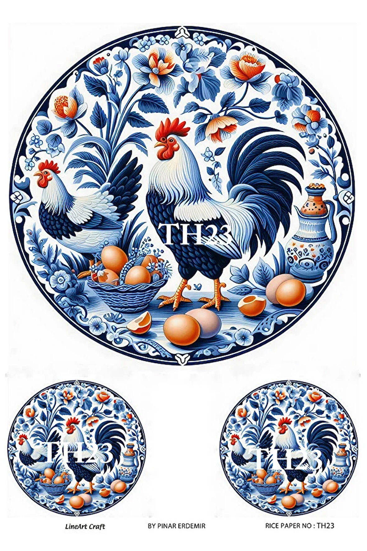 Tavuk Horoz Serisi TH23 Mavi Beyaz, Horoz Desenli 29*42 cm Pirinç Dekopaj