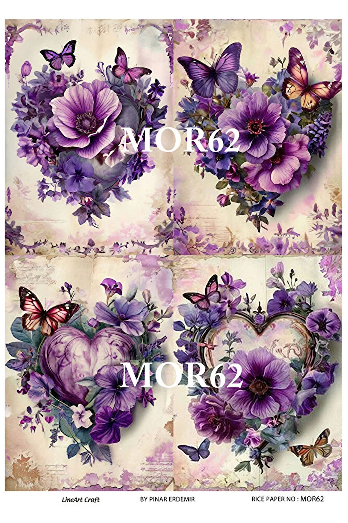 Mor Serisi MOR62 Kalp, Kelebek, Çiçek Desenli 29*42 cm Pirinç Dekopaj