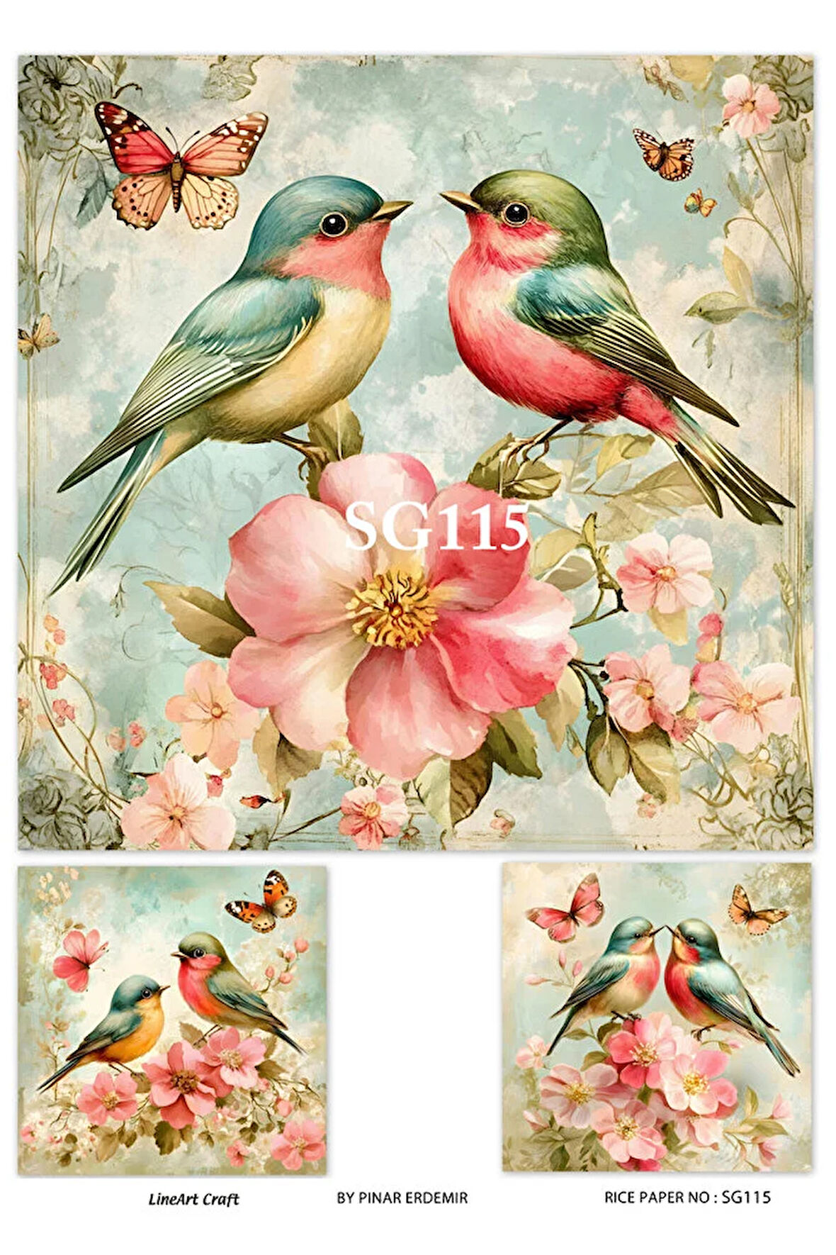 Sevgililer Günü Serisi SG115 Çifte Kuşlar, Pastel Desenli 29*42 cm Pirinç Dekopaj