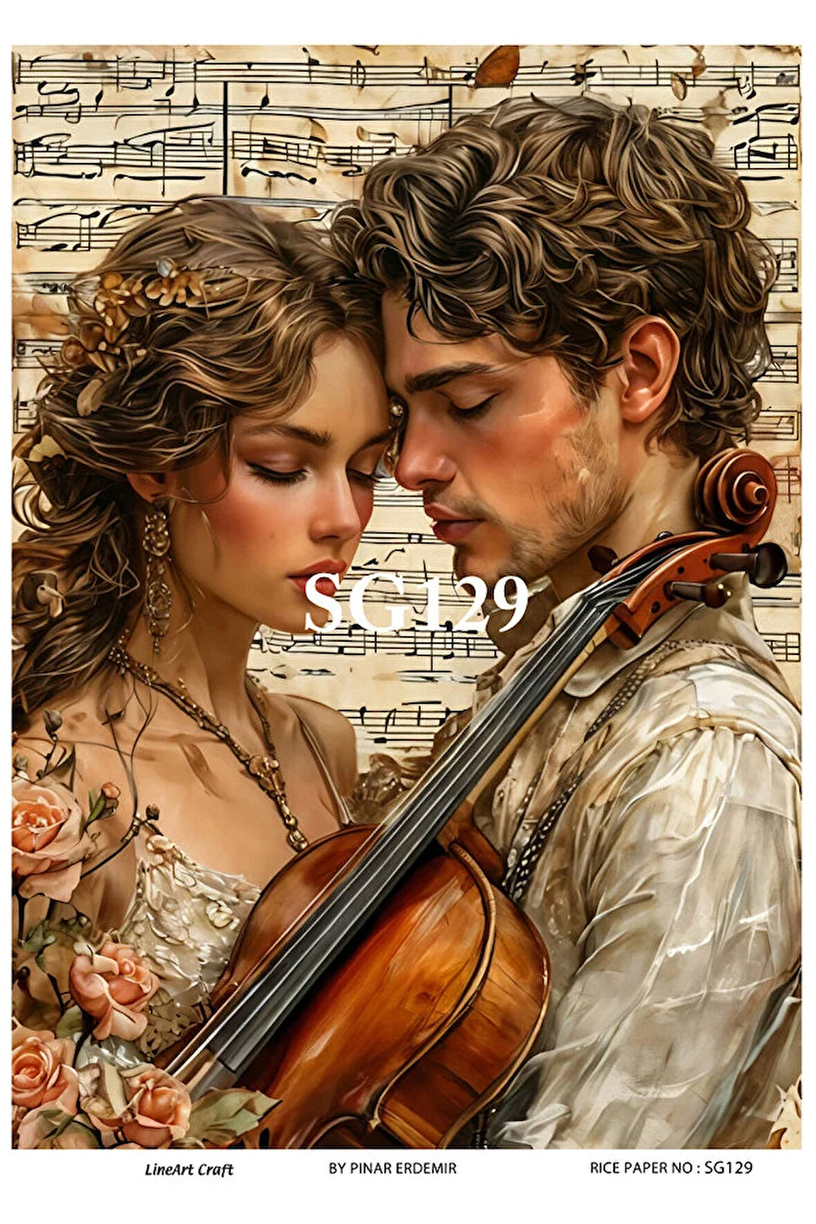 Sevgililer Günü Serisi SG129 Sevgililer, Keman, Nota Desenli 29*42 cm Pirinç Dekopaj