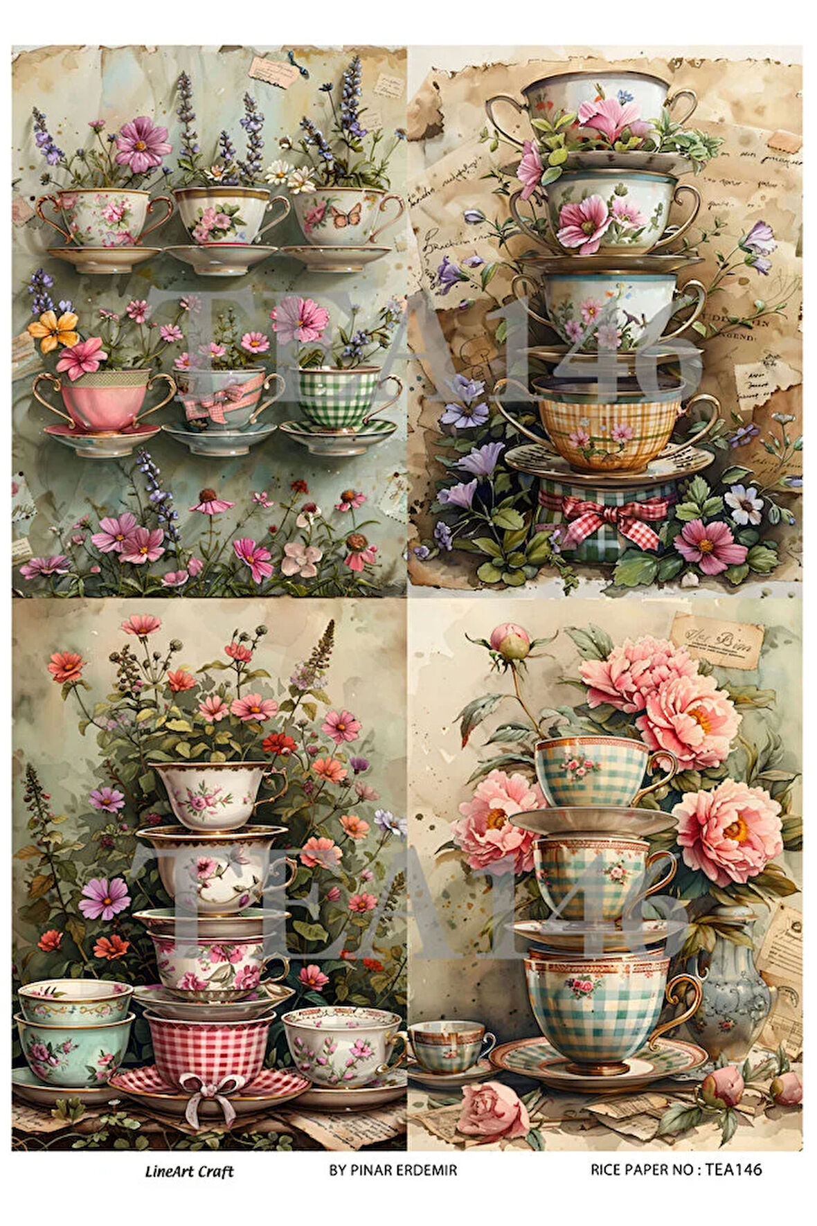 Çay Partisi Serisi TEA146 Fincan, Çiçek Desenli 29*42 cm Pirinç Dekopaj