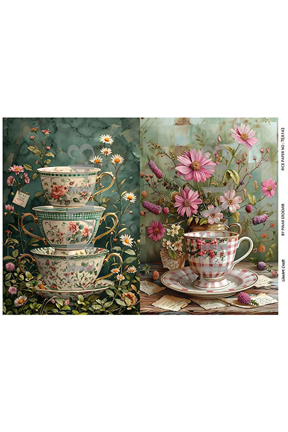 Çay Partisi Serisi TEA143 Fincan, Çiçek Desenli 29*42 cm Pirinç Dekopaj