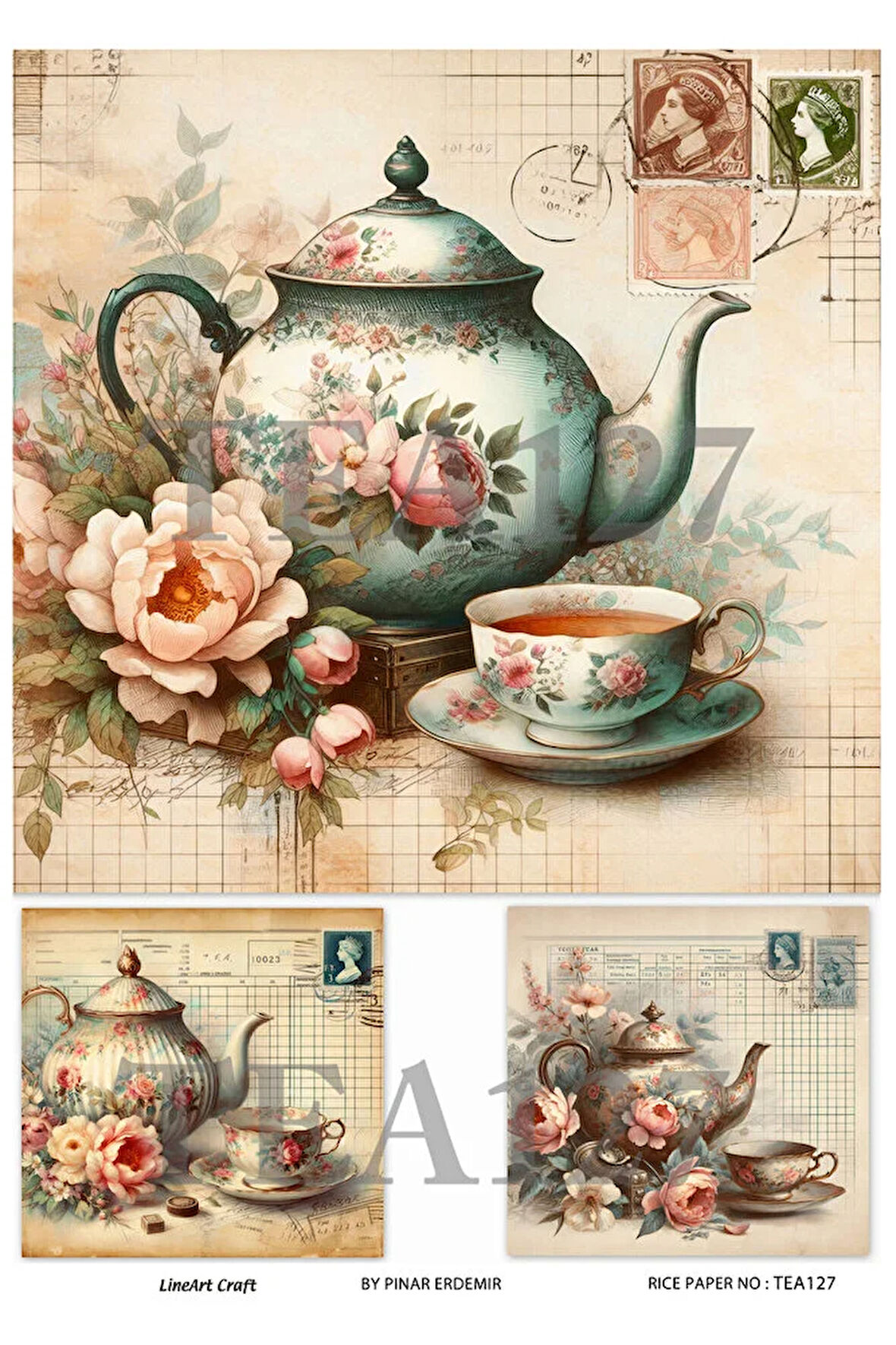 Çay Partisi Serisi TEA127 Soft Çiçek Desenli 29*42 cm Pirinç Dekopaj