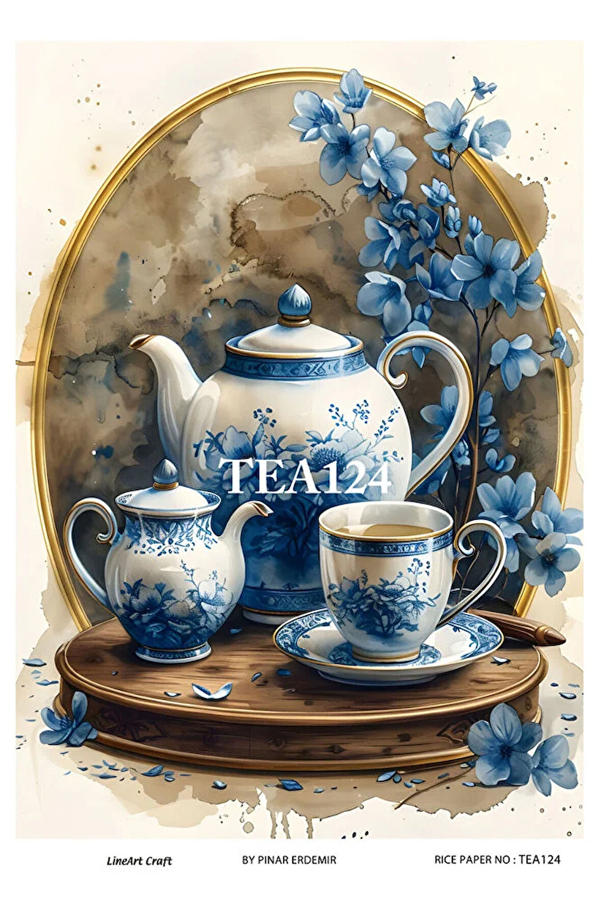 Çay Partisi Serisi TEA124 Mavi Beyaz, Fincan, Çiçek 29*42 cm Pirinç Dekopaj