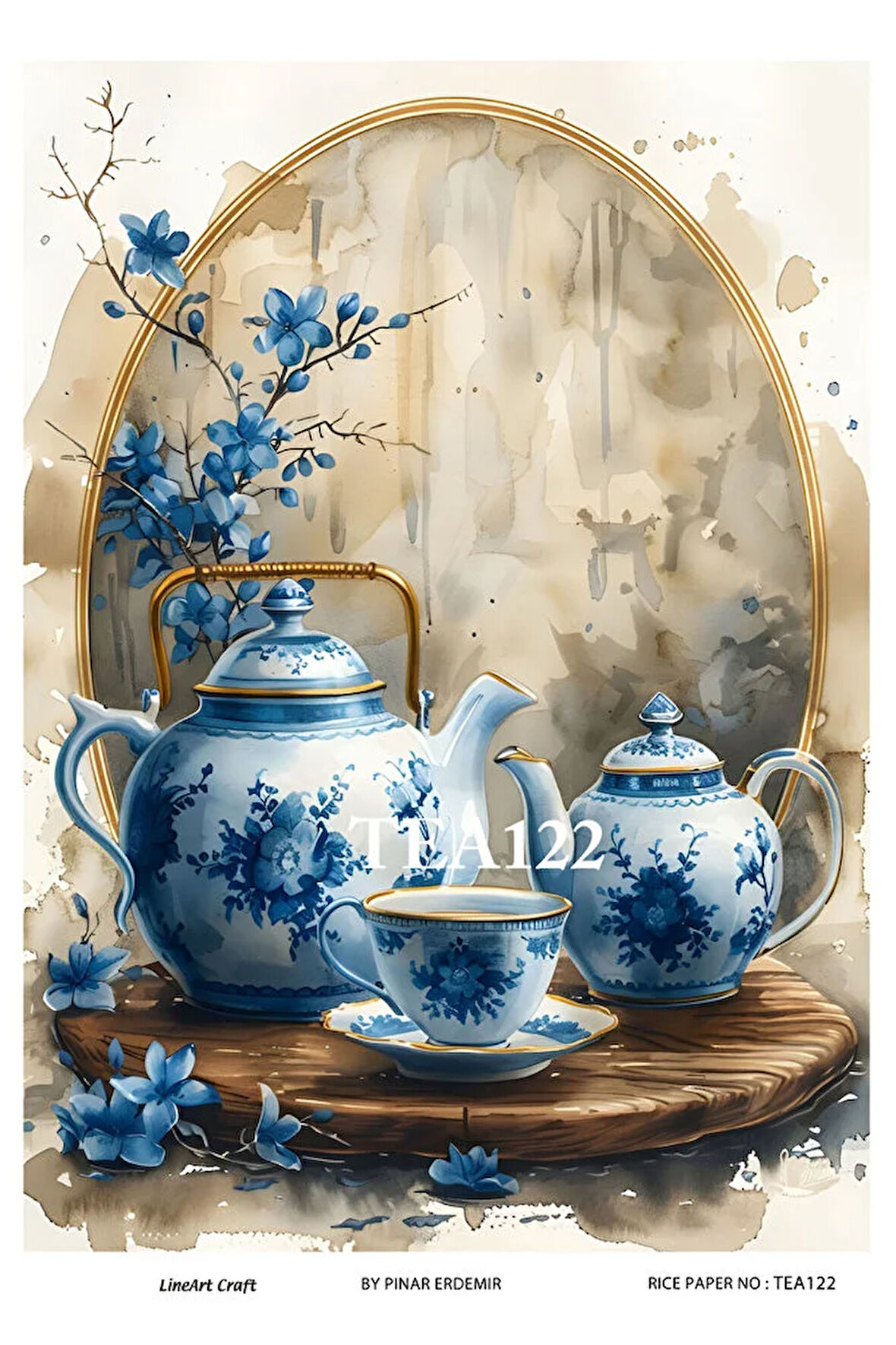Çay Partisi Serisi TEA122 Mavi Beyaz, Fincan, Çiçek Desenli 29*42 cm Pirinç Dekopaj