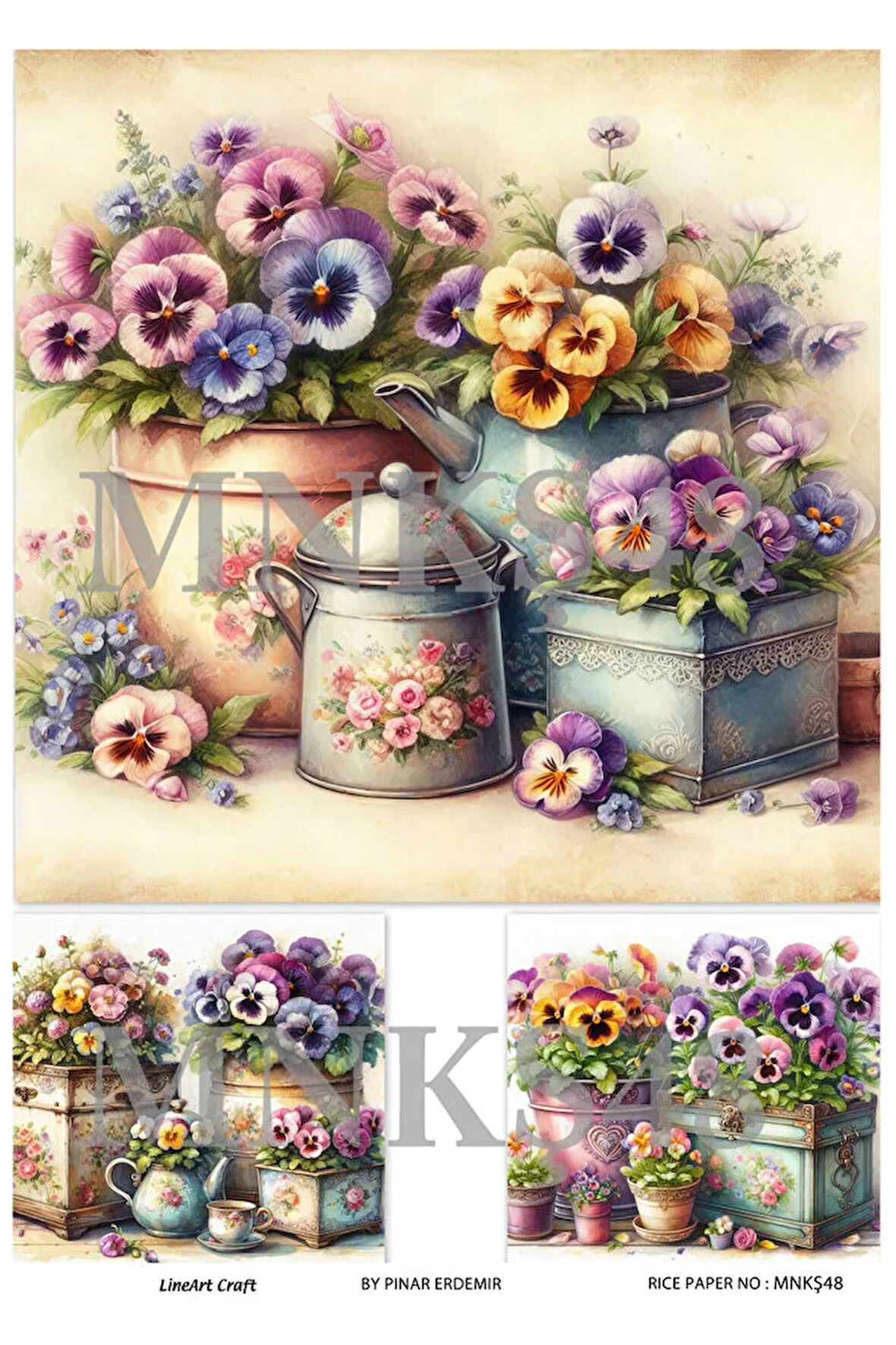 Menekşe Serisi MNKŞ48 Renkli Menekşe Desenli 29*42 cm Pirinç Dekopaj