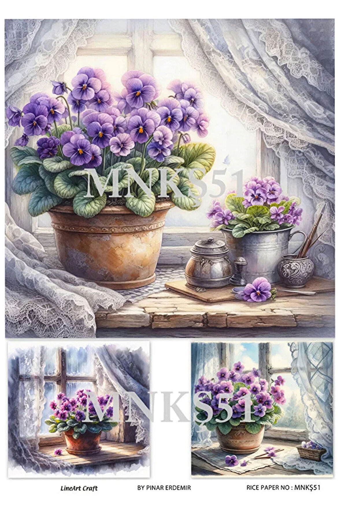 Menekşe Serisi Mor Menekşe Desenli MNKŞ51 29*42 cm Pirinç Dekopaj