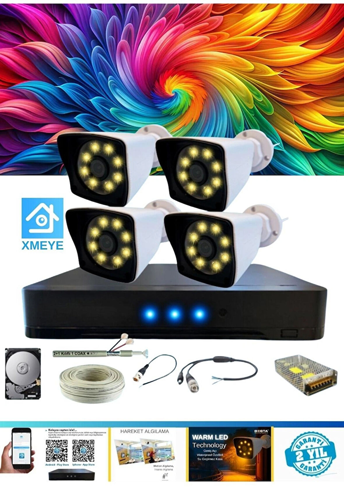 ARNA 4 Kameralı Kare 4 Dış Kamera Set 1 TB HDD Dahil Full HD Renkli Gece Görüşlü Güvenlik Kamerası Sistemi