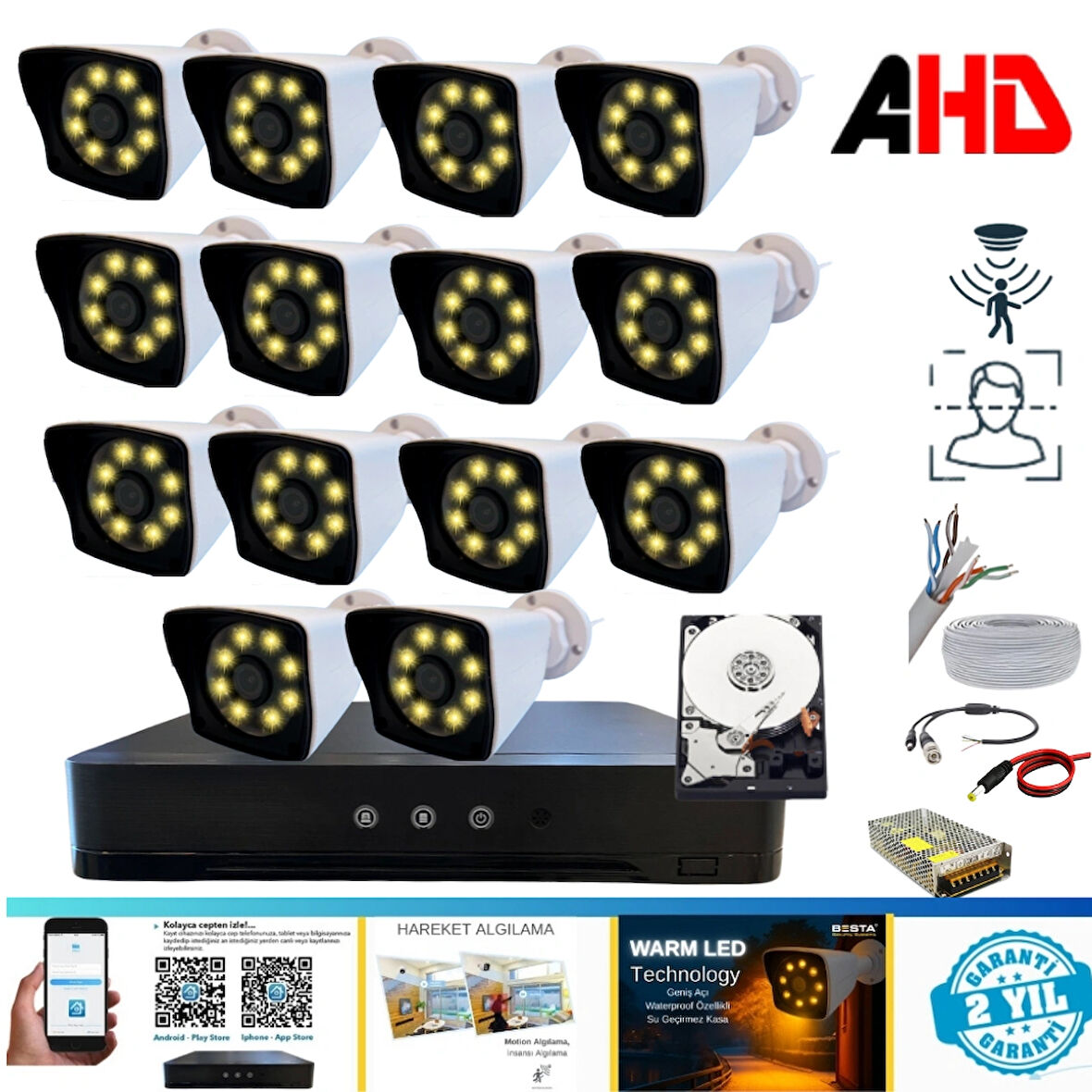 14 KAMERALI WARM LED GECE RENKLİ GÖRÜŞLÜ 3.6MM 2 TB HDD DAHİL GÜVENLİK SETİ - 142W
