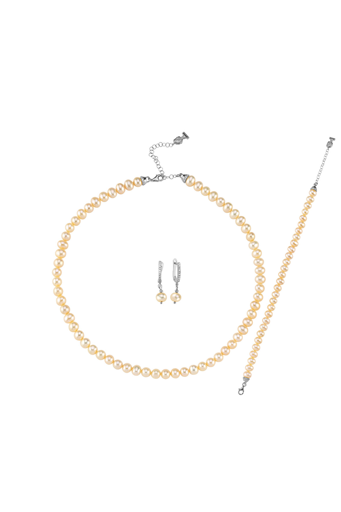 Şeftali Tonu Doğal İnci Kolye Bileklik Küpe Üçlü Set