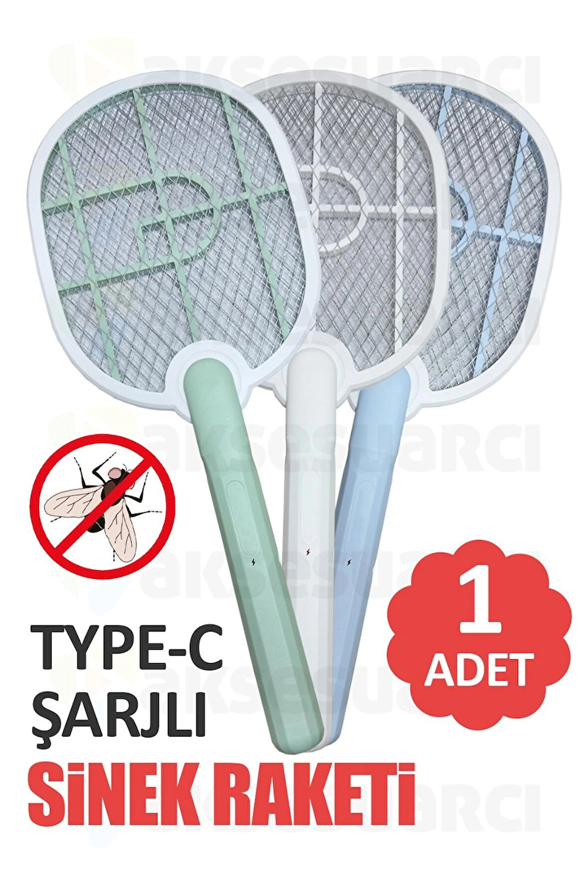 1 Adet Şarjlı Sinek Raketi, Sinek Sivrisinek Böcek Haşere Öldürücü Raket, Type-c Şarj Girişli