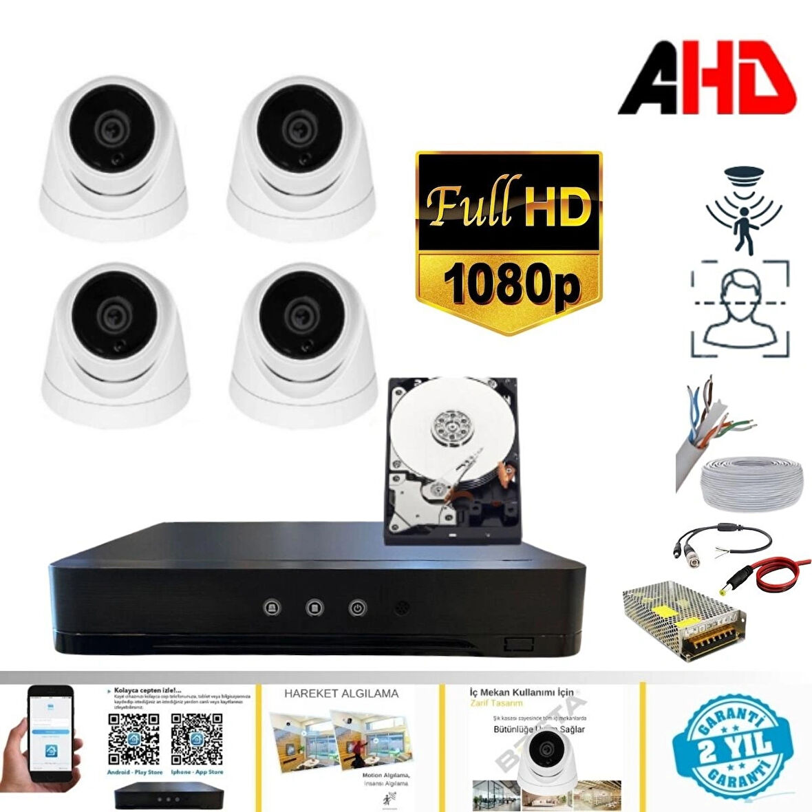 ARNA 5 MP LENS 2MP 1080P FULL HD İÇ MEKAN DOME GÜVENLİK KAMERA SETİ 1 TB HDD DAHİL - ST241K