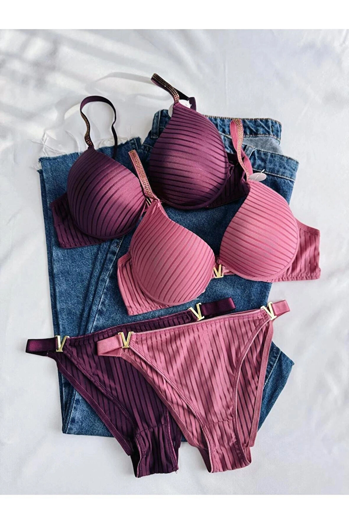 Kadın Mor Gül Kurusu Taşlı Çizgili V Model Destekli Balenli Sütyen Takım Ikili Kutulu Paket