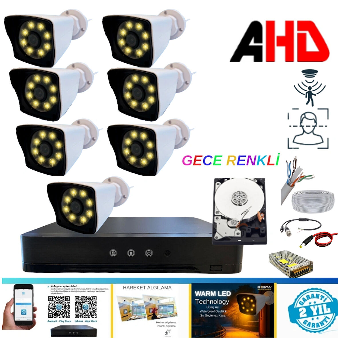7 KAMERALI 5MP LENS 1080P WARM LED GECE RENKLİ 4 TB HDD DAHİL GÜVENLİK SETİ - 274W