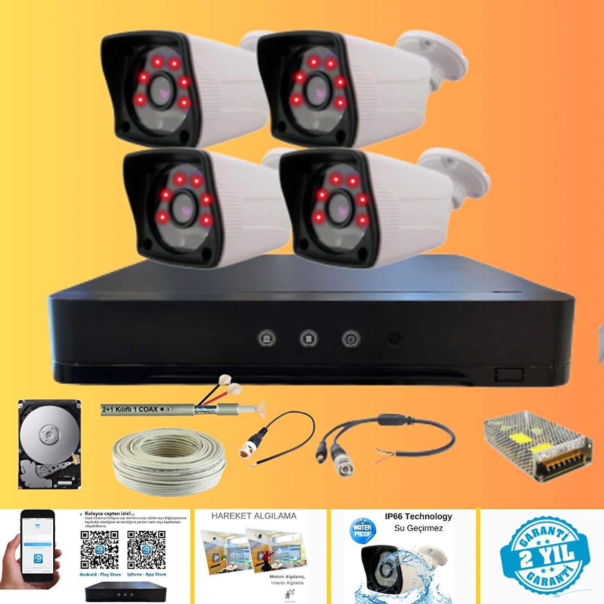 ARNA 4 Kameralı Kare 4 Dış Kameralı Set 500 GB Harddisk Full HD Gece Görüşlü Güvenlik Kamerası Sistemi