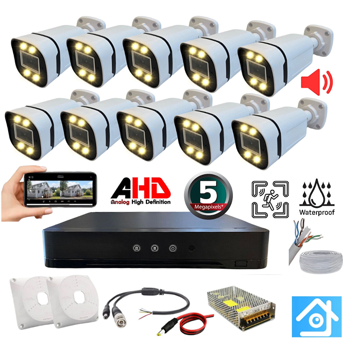 ARNA 10 KAMERALI 5 MP SESLİ WARM LED WATERPROOF 3.6 MM LENS H.265 AHD GÜVENLİK SETİ - ST510B