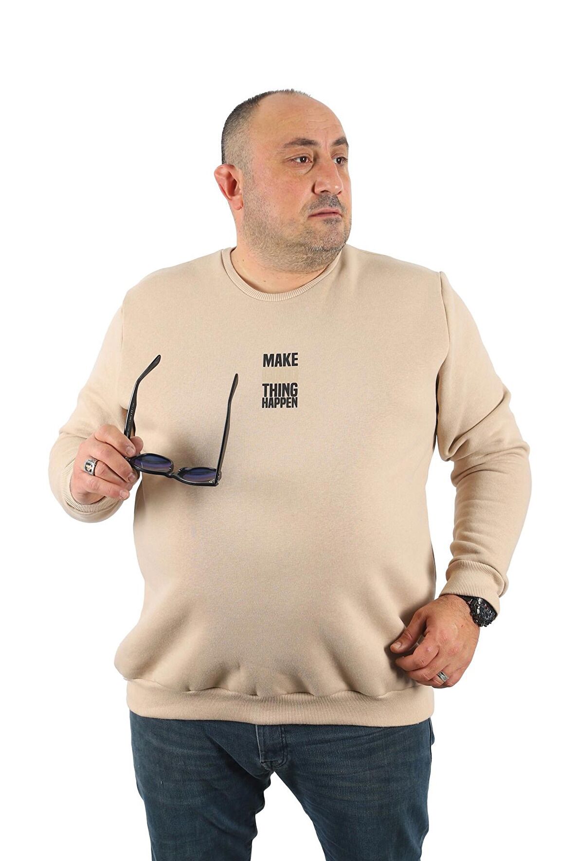 Starbattal Büyük Beden Unisex Sweat Make Good 22734 BEJ