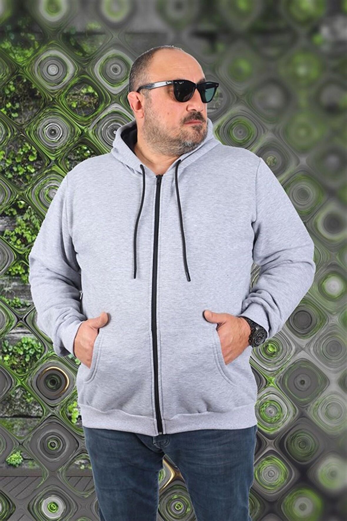 Starbattal Büyük Beden Unisex Kapüşonlu 3ip Sweat 11701 GRI MELANJ