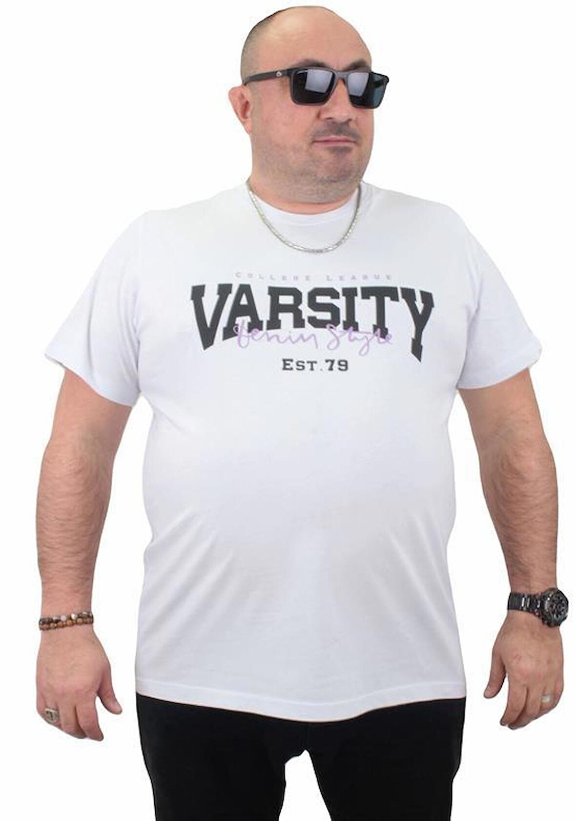 Starbattal Erkek Büyük Beden Sıfır Yaka Tişört Varsity 23184 BEYAZ