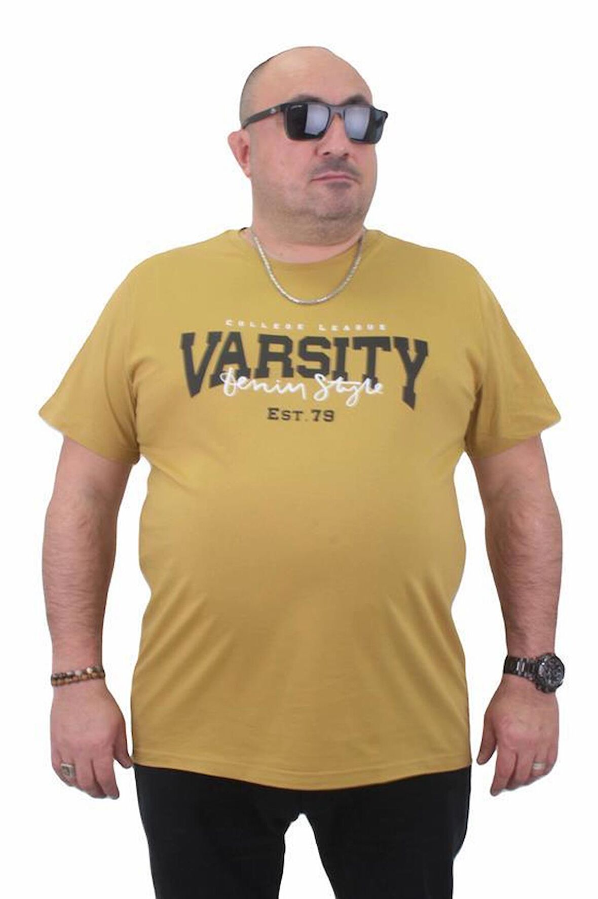 Starbattal Erkek Büyük Beden Sıfır Yaka Tişört Varsity 23184 Limon