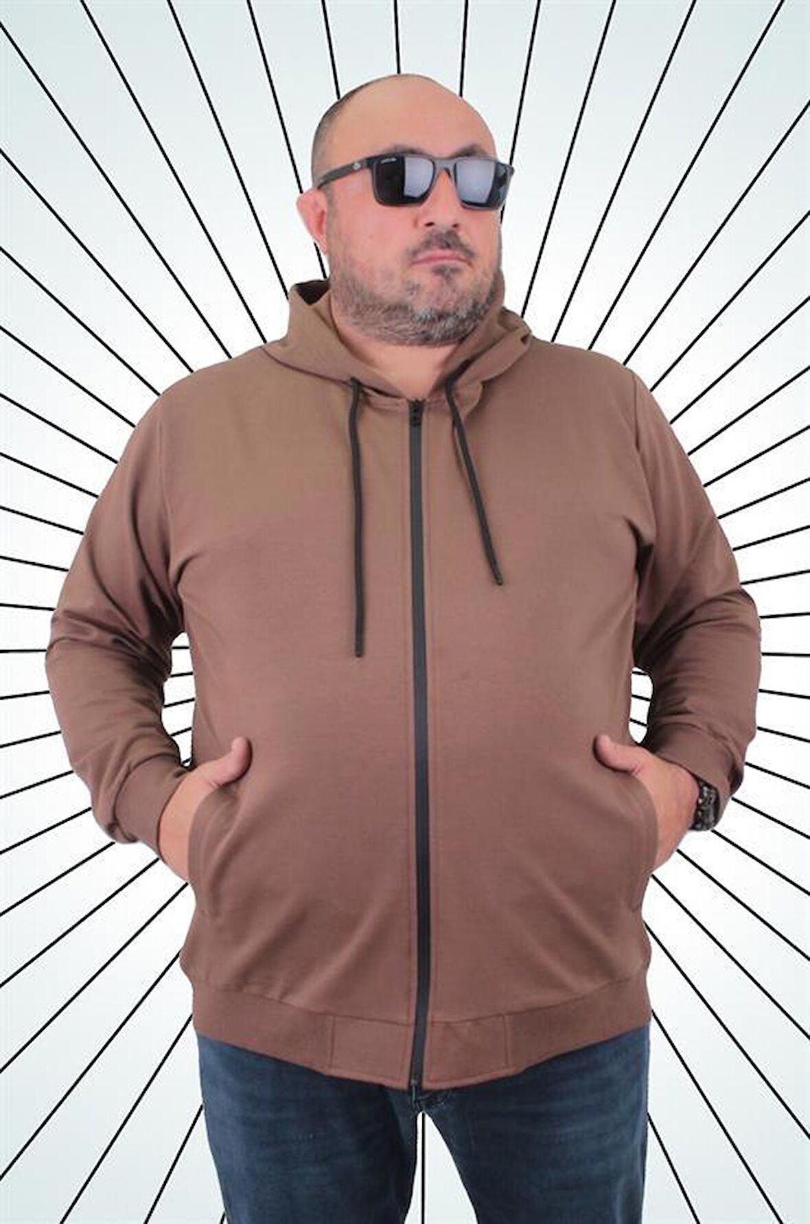 Starbattal Büyük Beden Basic Mevsimlik Fermuarlı Kapüşonlu Sweat 22751 TABA