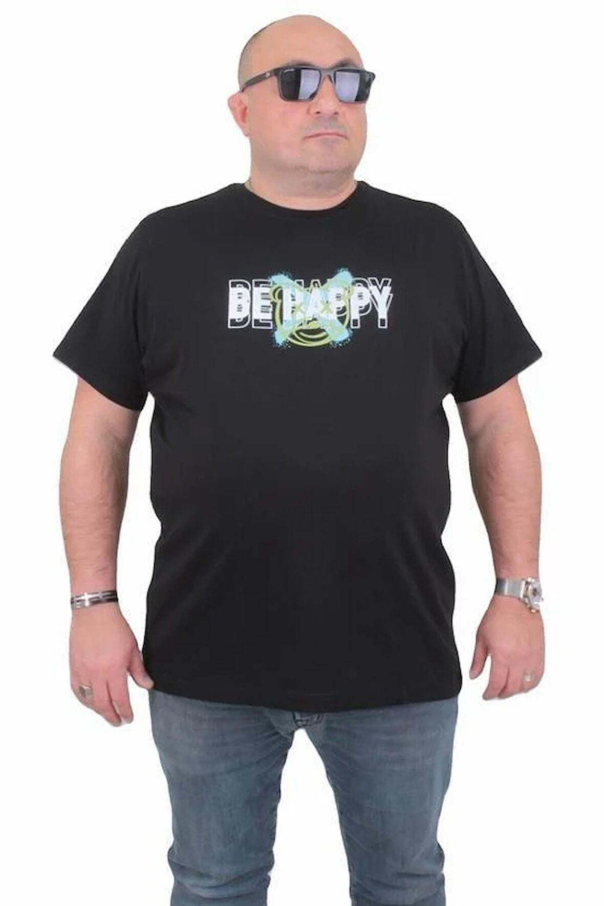 Starbattal Erkek Büyük Beden Sıfır Yaka Tişört Be Happy 24131 SIYAH