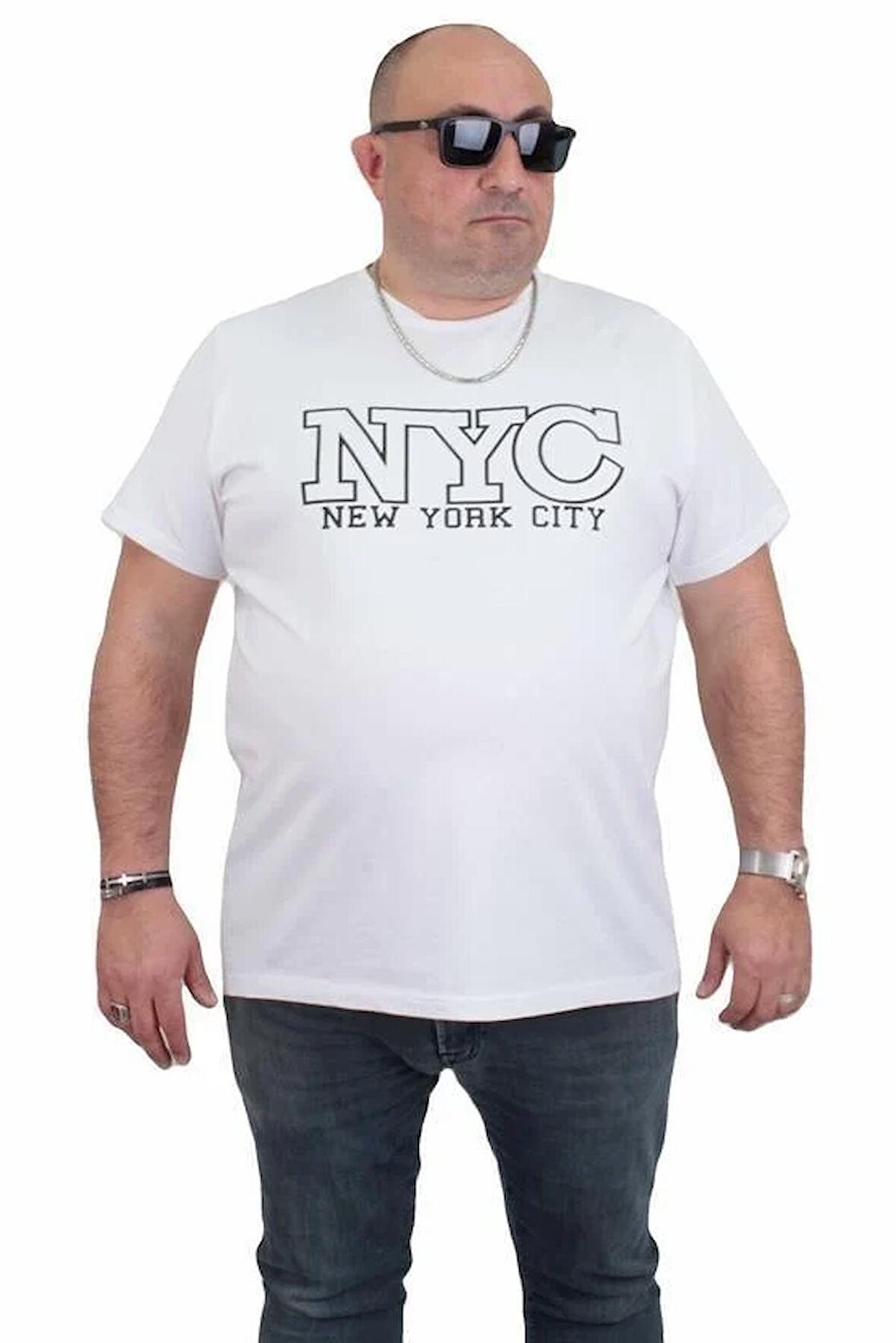 Starbattal Erkek Büyük Beden Sıfır Yaka Tişört NYC 24133 BEYAZ