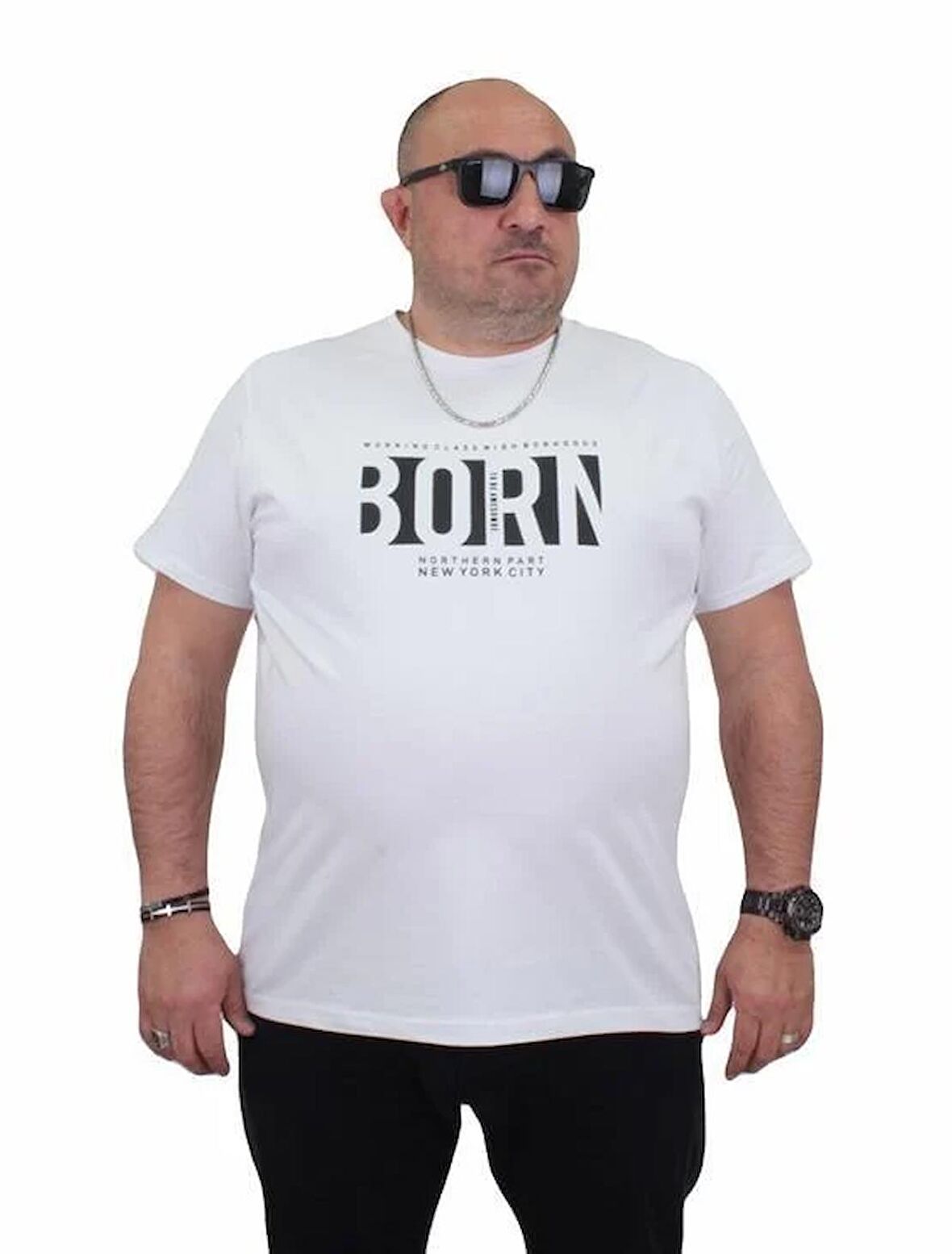 Starbattal Erkek Büyük Beden Sıfır Yaka Tişört Born 24143 BEYAZ