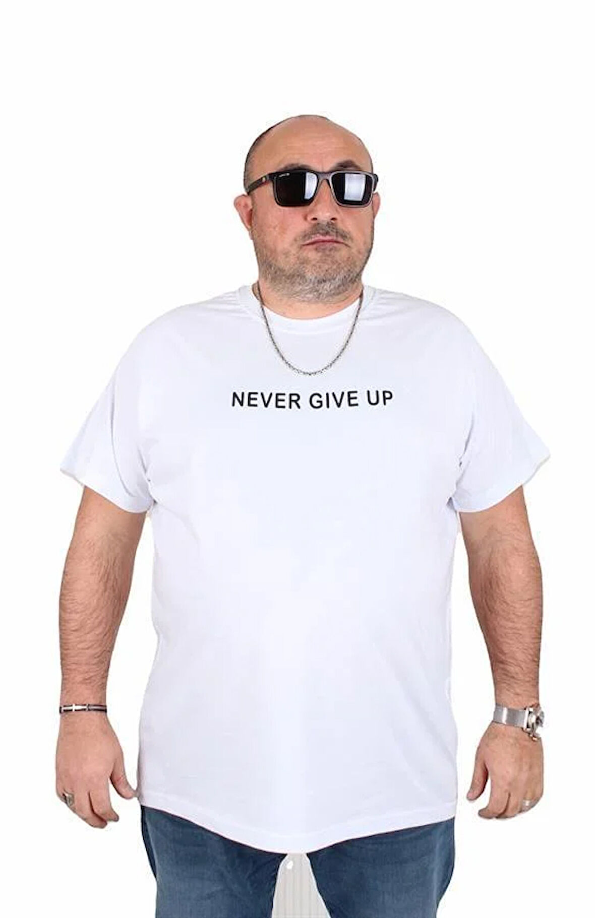 Starbattal Erkek Büyük Beden Sıfır Yaka Tişört Never Give Up 25140 BEYAZ