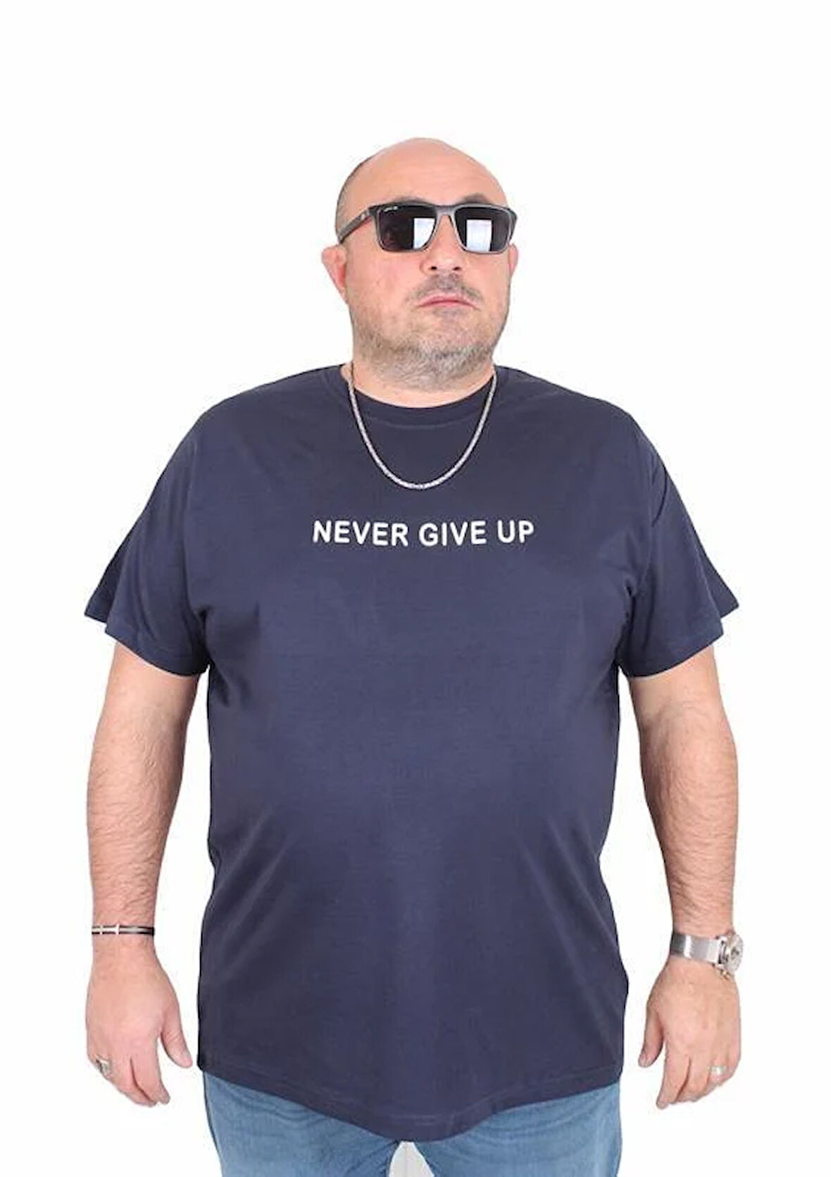 Starbattal Erkek Büyük Beden Sıfır Yaka Tişört Never Give Up 25140 LACIVERT