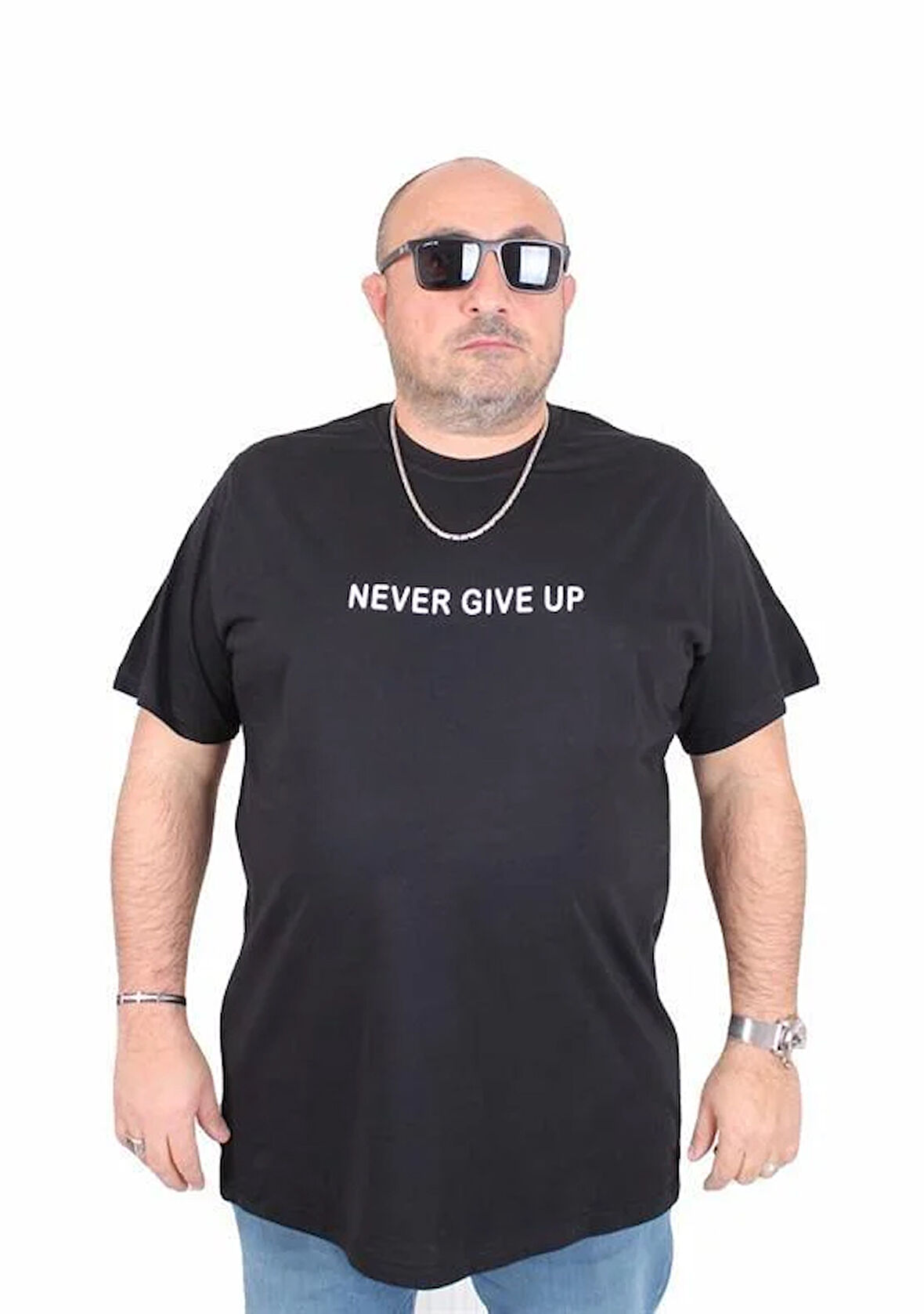 Starbattal Erkek Büyük Beden Sıfır Yaka Tişört Never Give Up 25140 SIYAH