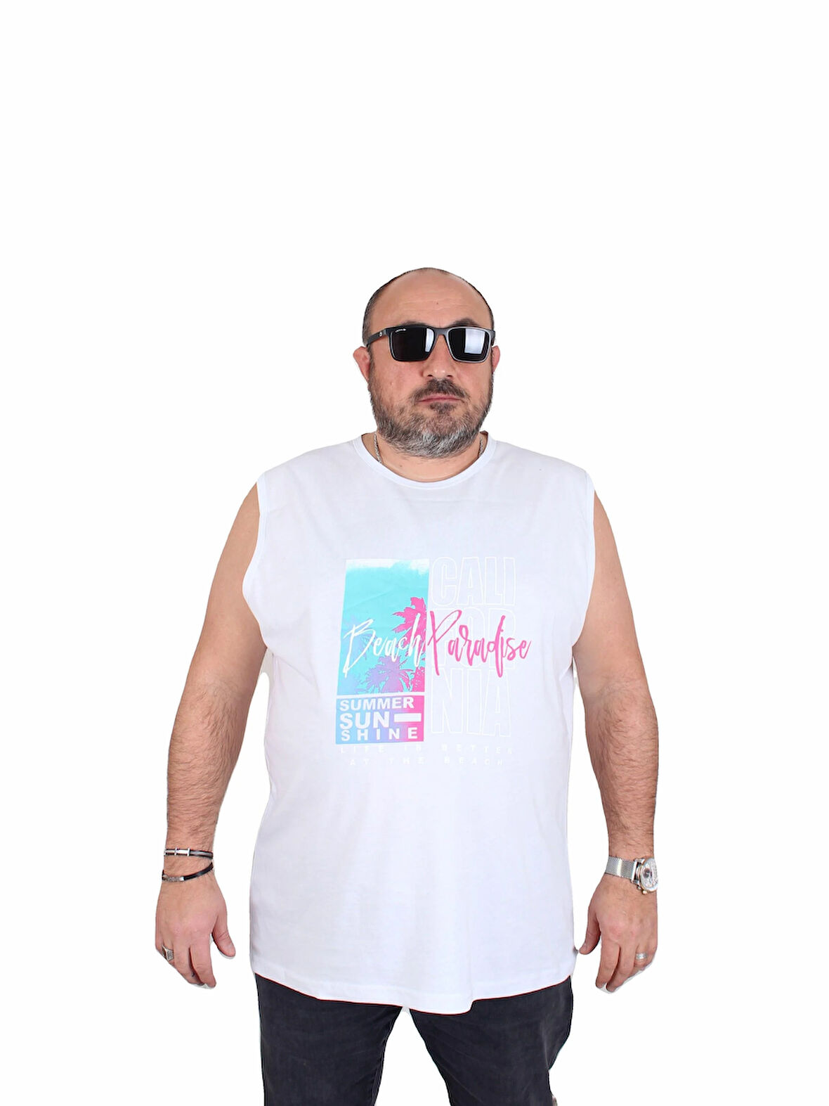Starbattal Büyük Beden Baskılı Kolsuz Tişört Beach Paradise 25151 BEYAZ