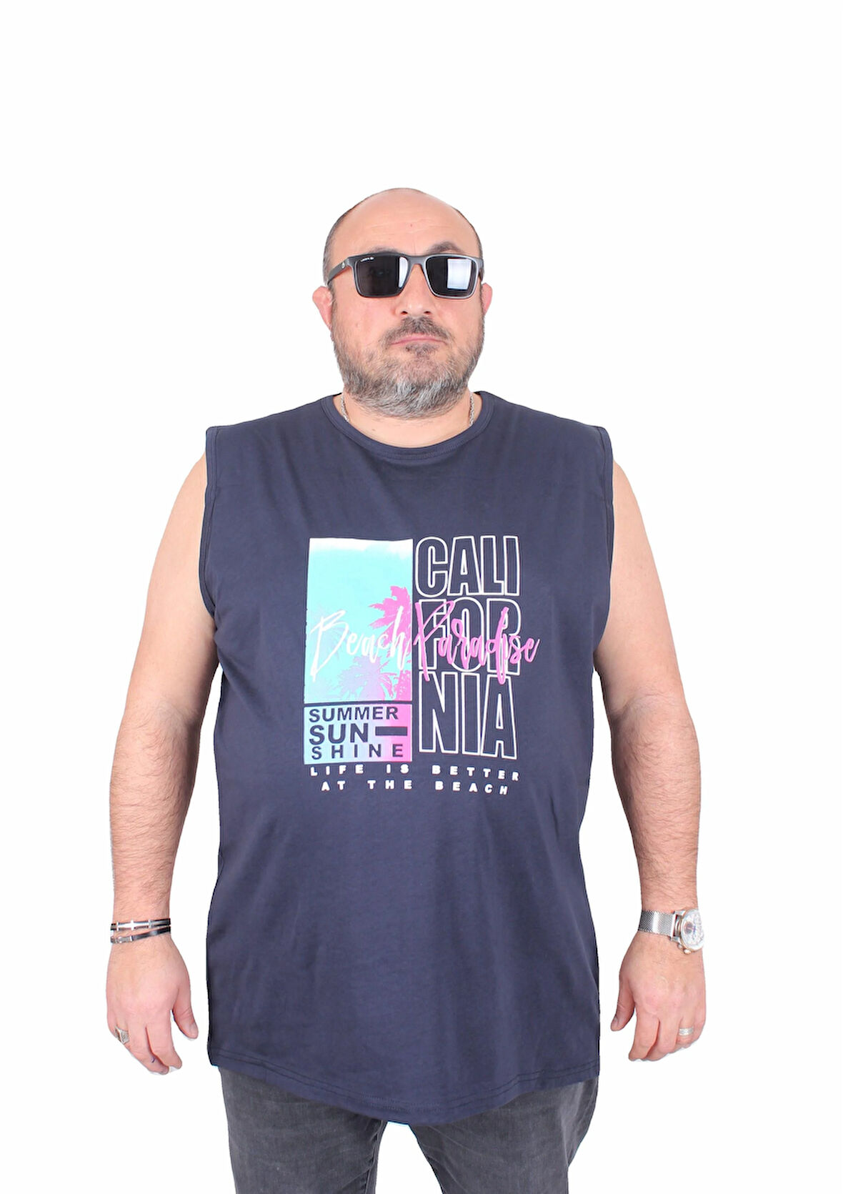 Starbattal Büyük Beden Baskılı Kolsuz Tişört Beach Paradise 25151 LACIVERT