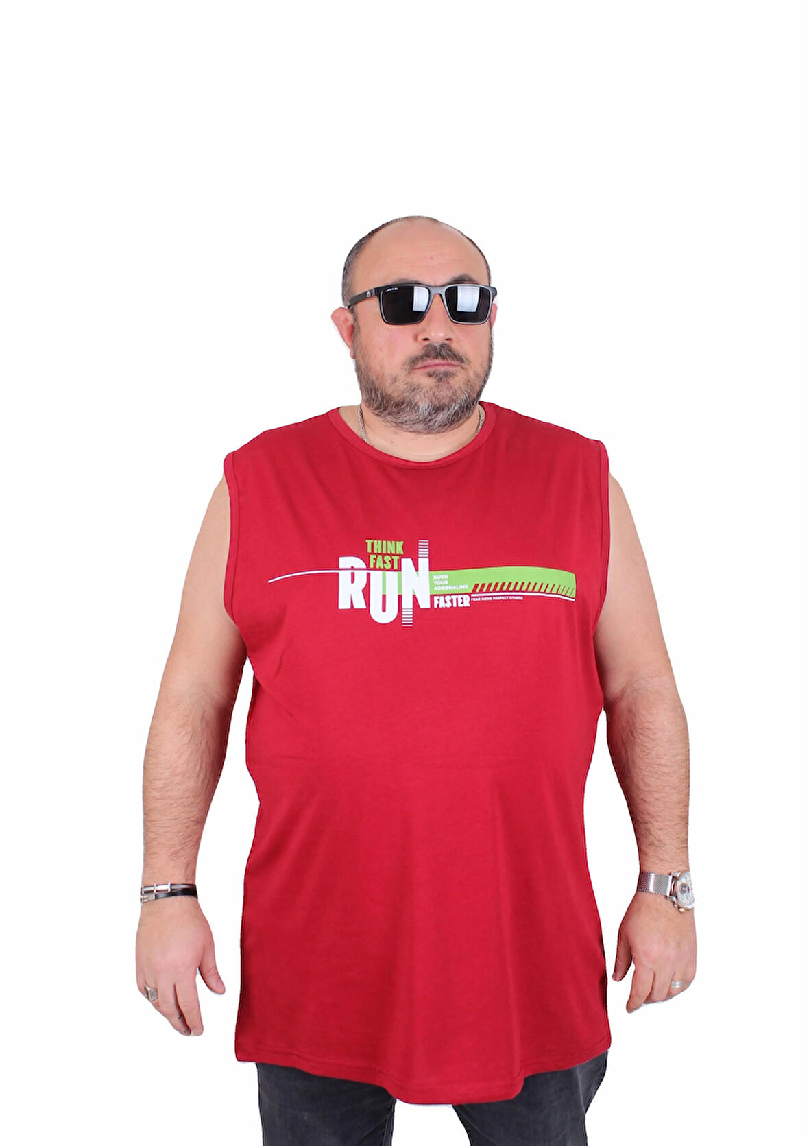 Starbattal Büyük Beden Baskılı Kolsuz Tişört Think Fast Run 25152 BORDO
