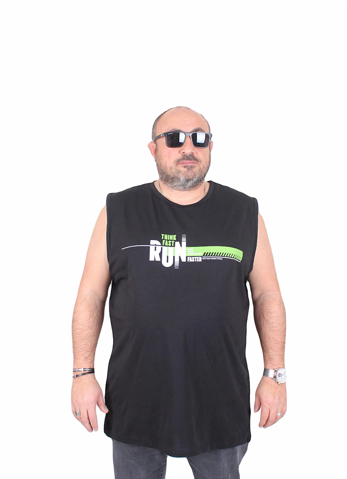 Starbattal Büyük Beden Baskılı Kolsuz Tişört Think Fast Run 25152 SIYAH