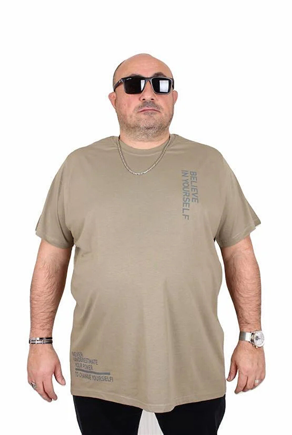 Starbattal Erkek Büyük Beden Sıfır Yaka Tişört Believe 25157 HAKI