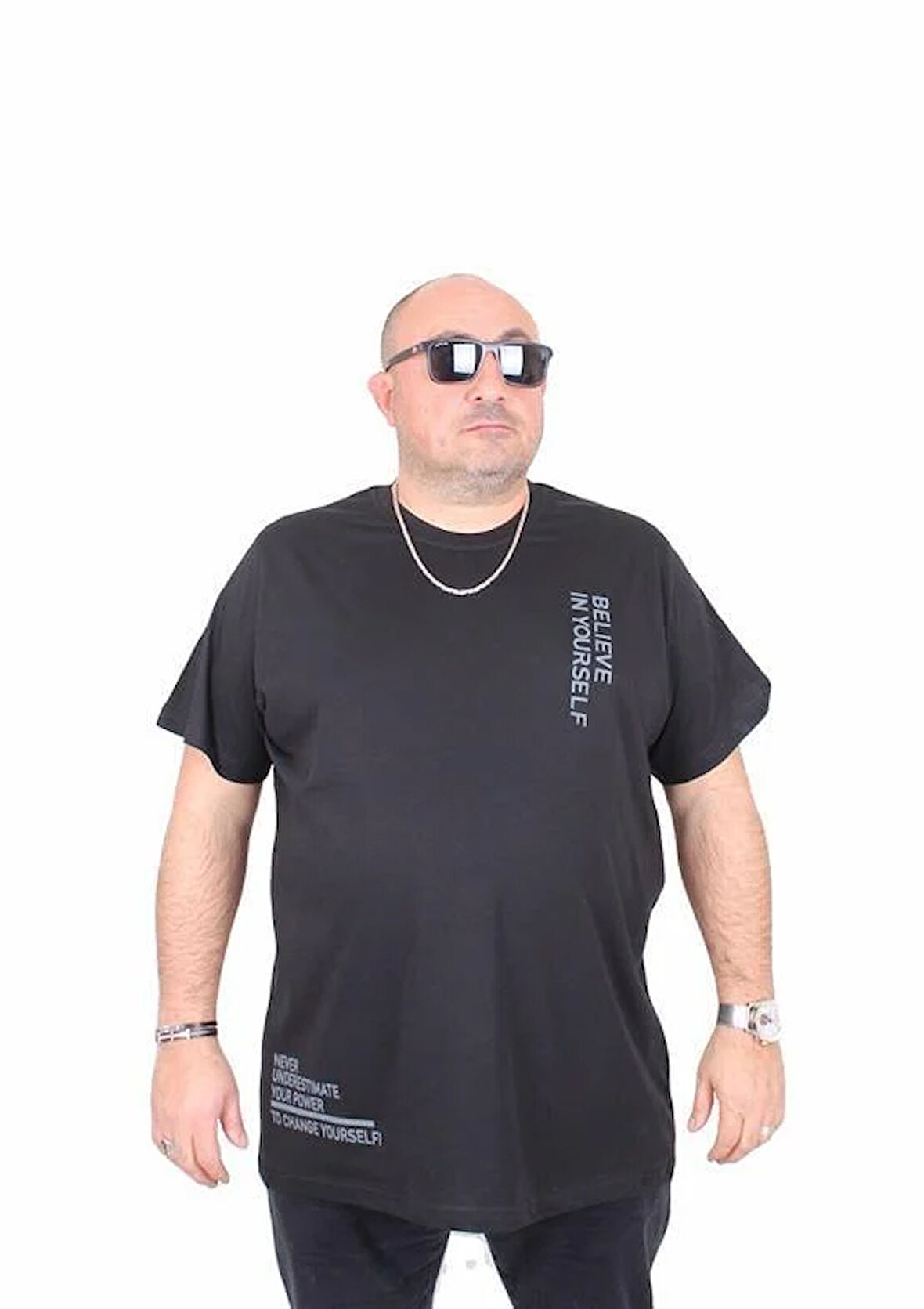 Starbattal Erkek Büyük Beden Sıfır Yaka Tişört Believe 25157 SIYAH