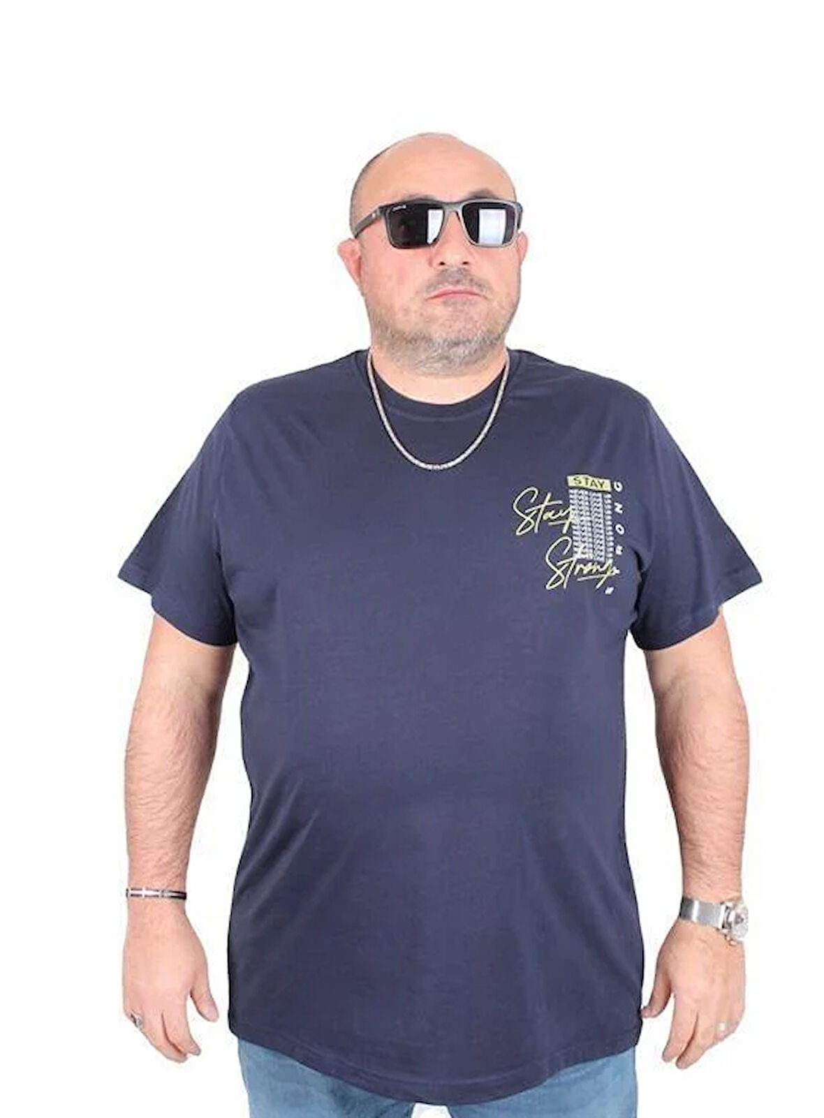 Starbattal Erkek Büyük Beden Sıfır Yaka Tişört Stay Strong 25159 LACIVERT