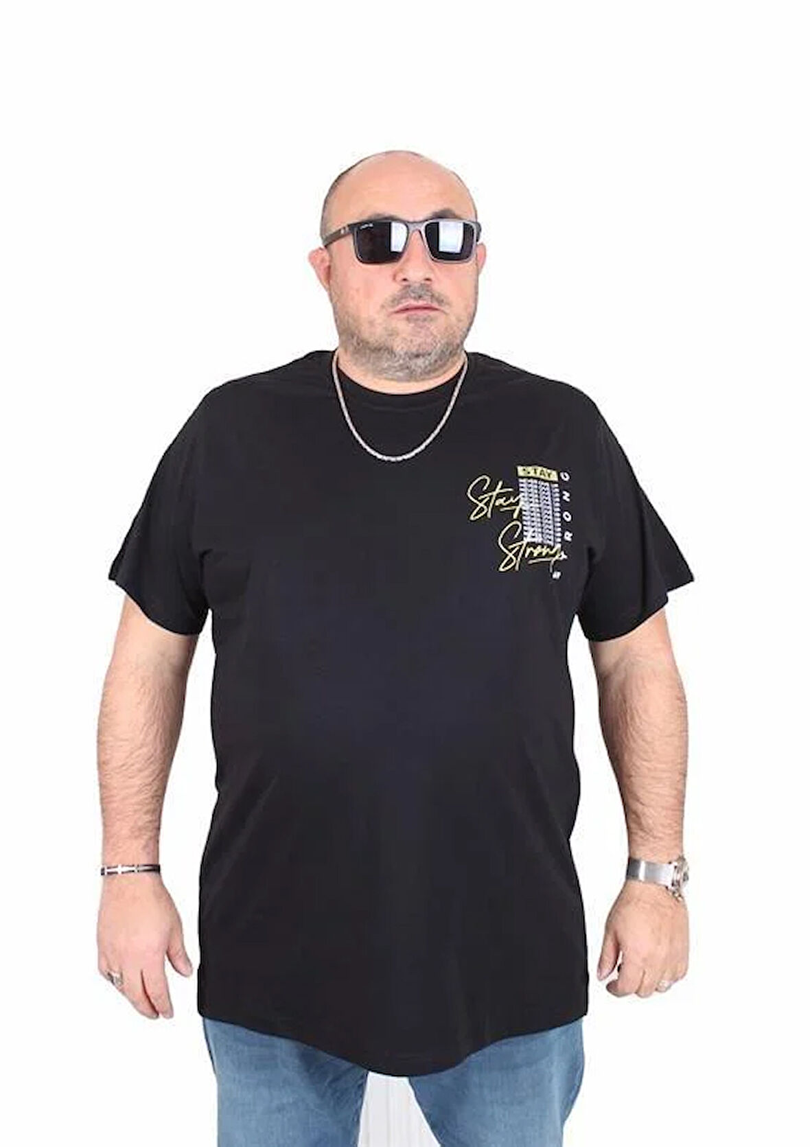 Starbattal Erkek Büyük Beden Sıfır Yaka Tişört Stay Strong 25159 SIYAH