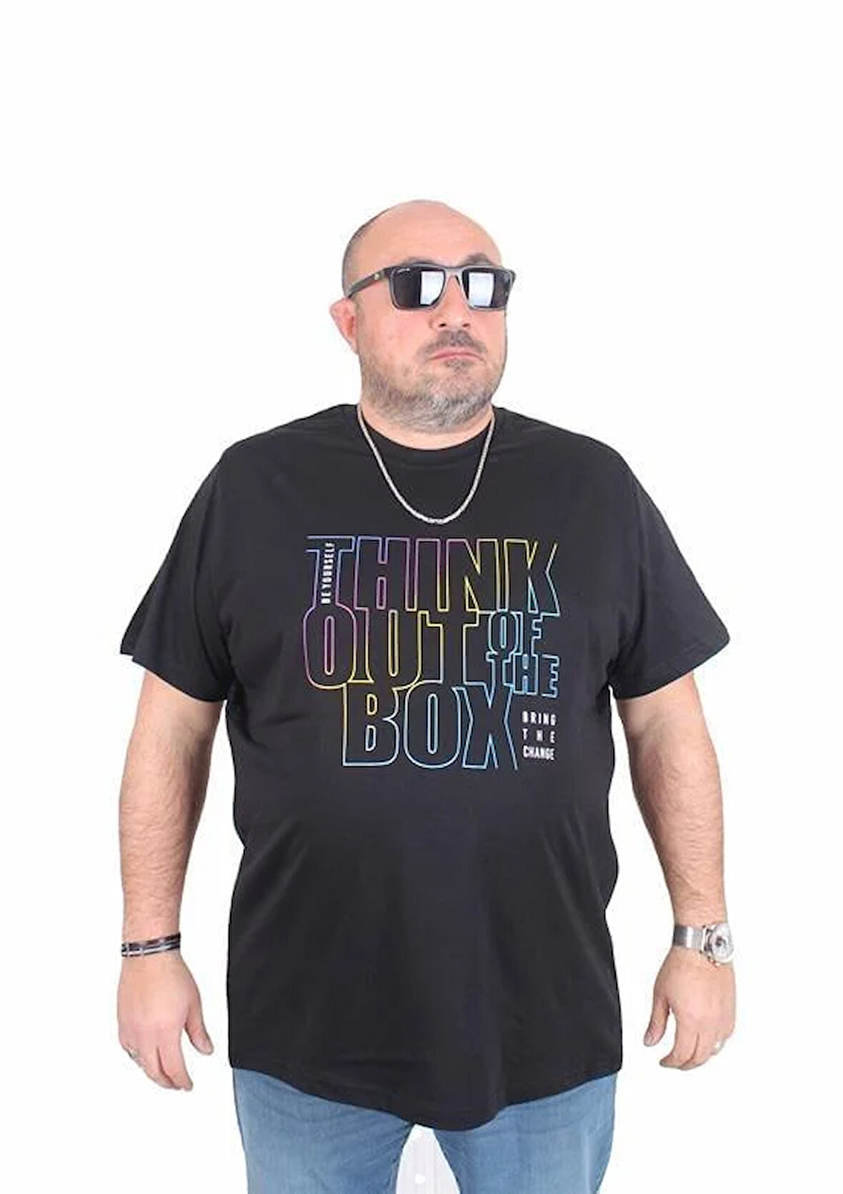 Starbattal Erkek Büyük Beden Sıfır Yaka Tişört Think Out Box 25163 SIYAH
