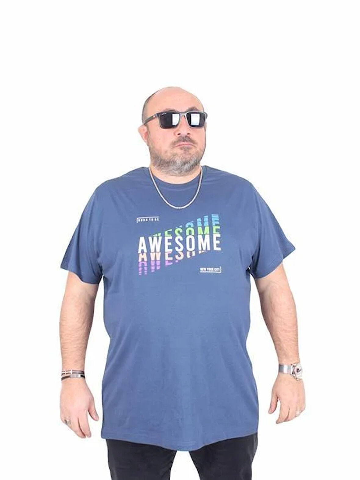 Starbattal Erkek Büyük Beden Sıfır Yaka Tişört Awesome 25164 INDIGO
