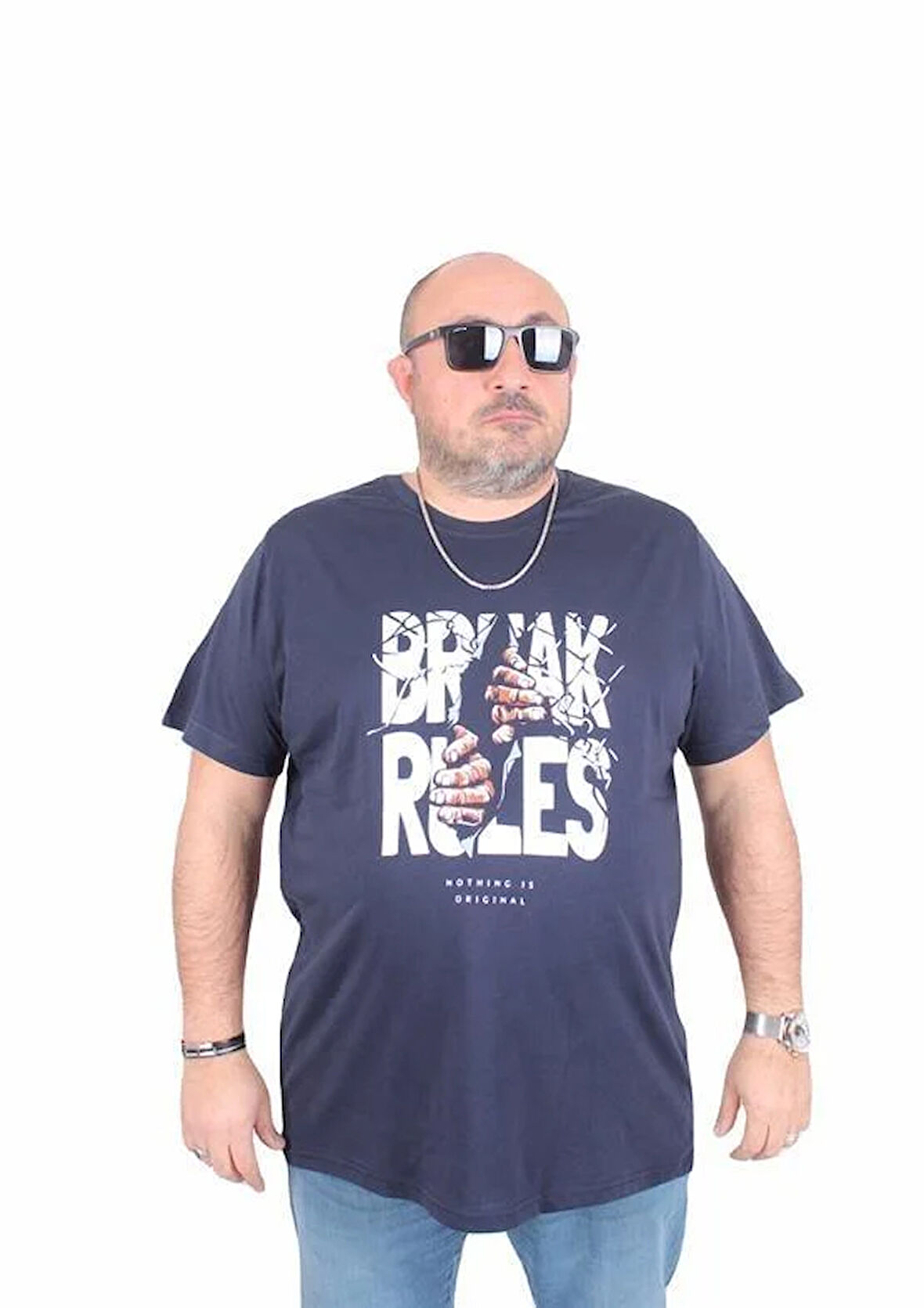 Starbattal Erkek Büyük Beden Sıfır Yaka Tişört Break Rules 25168 LACIVERT