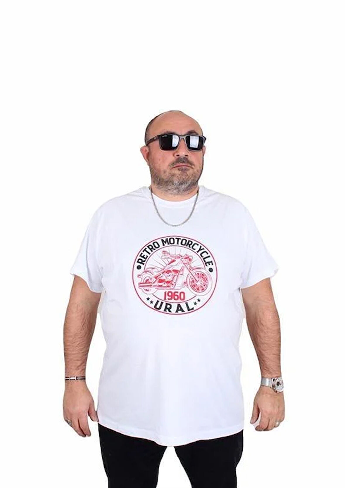 Starbattal Erkek Büyük Beden Sıfır Yaka Tişört Motorcycle 25171 BEYAZ