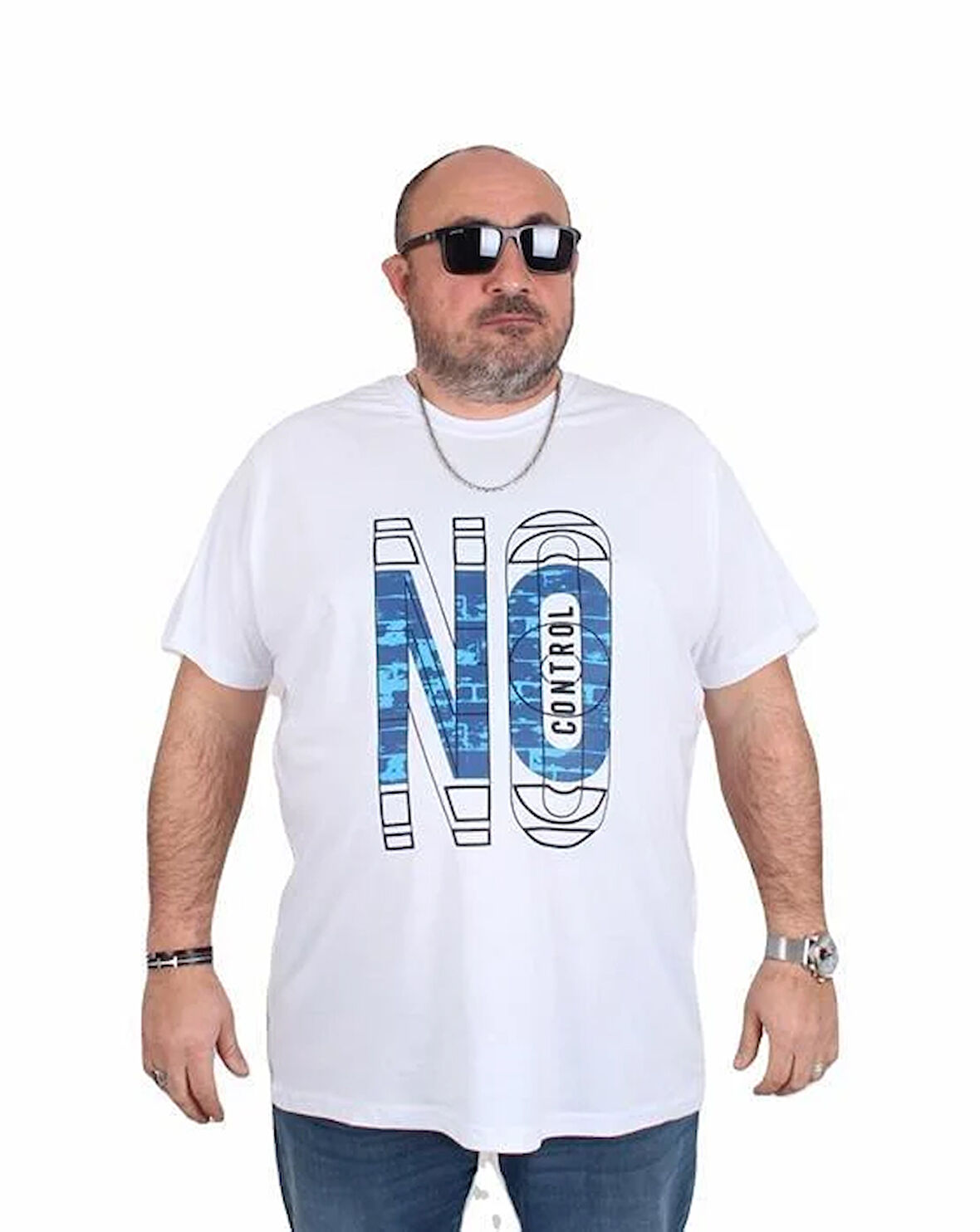 Starbattal Erkek Büyük Beden Sıfır Yaka Tişört No Control 25172 BEYAZ