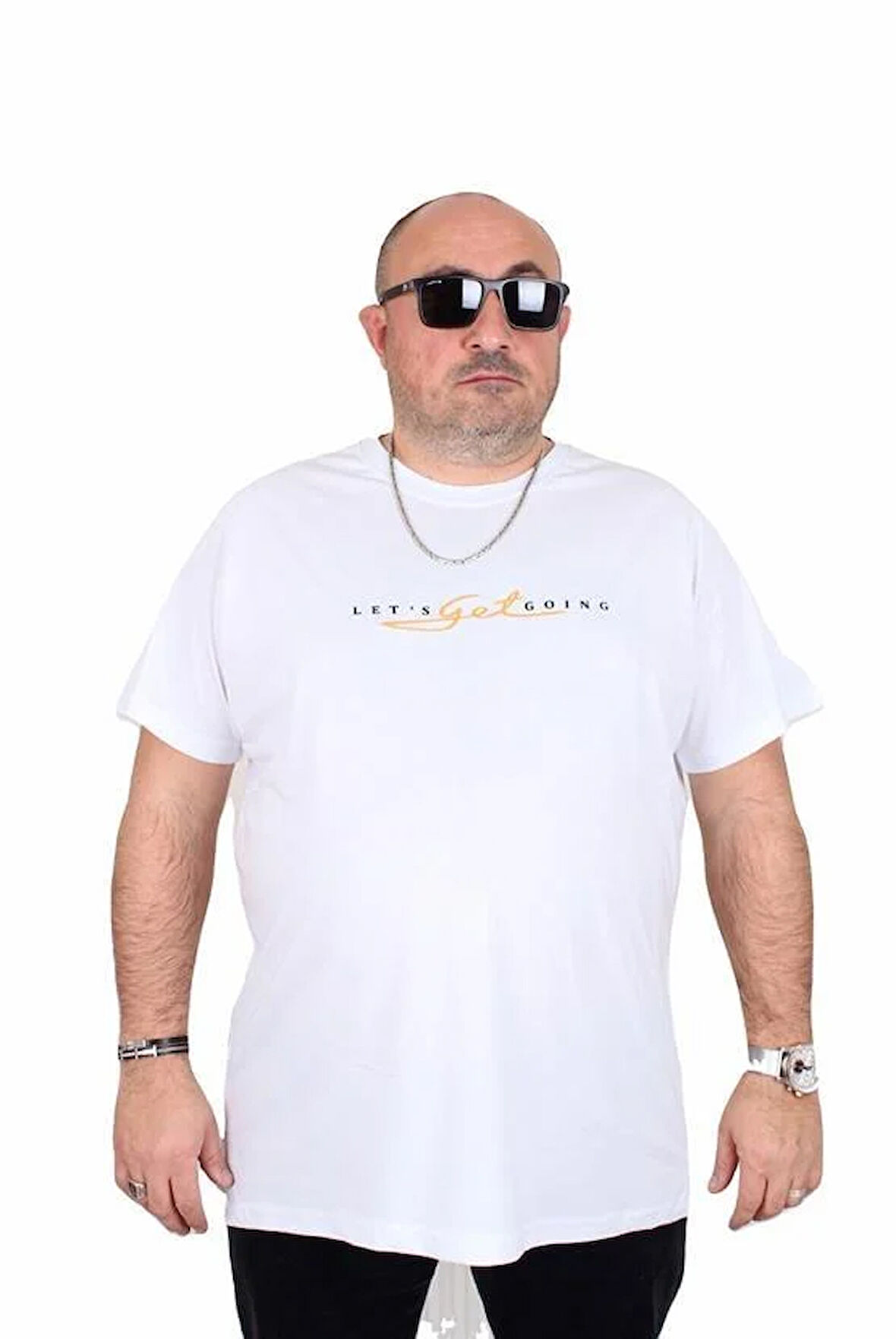 Starbattal Erkek Büyük Beden Sıfır Yaka Tişört Lets Get Going 25175 BEYAZ