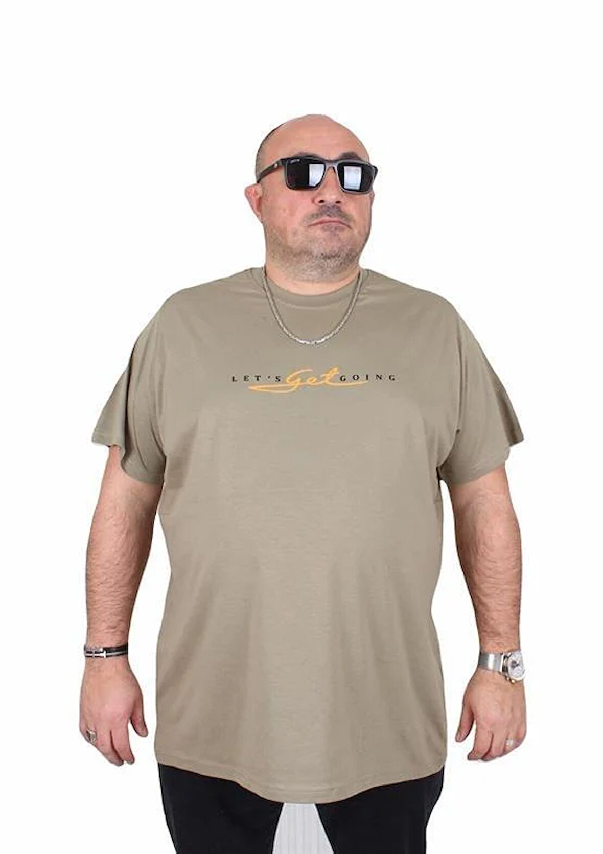 Starbattal Erkek Büyük Beden Sıfır Yaka Tişört Lets Get Going 25175 HAKI